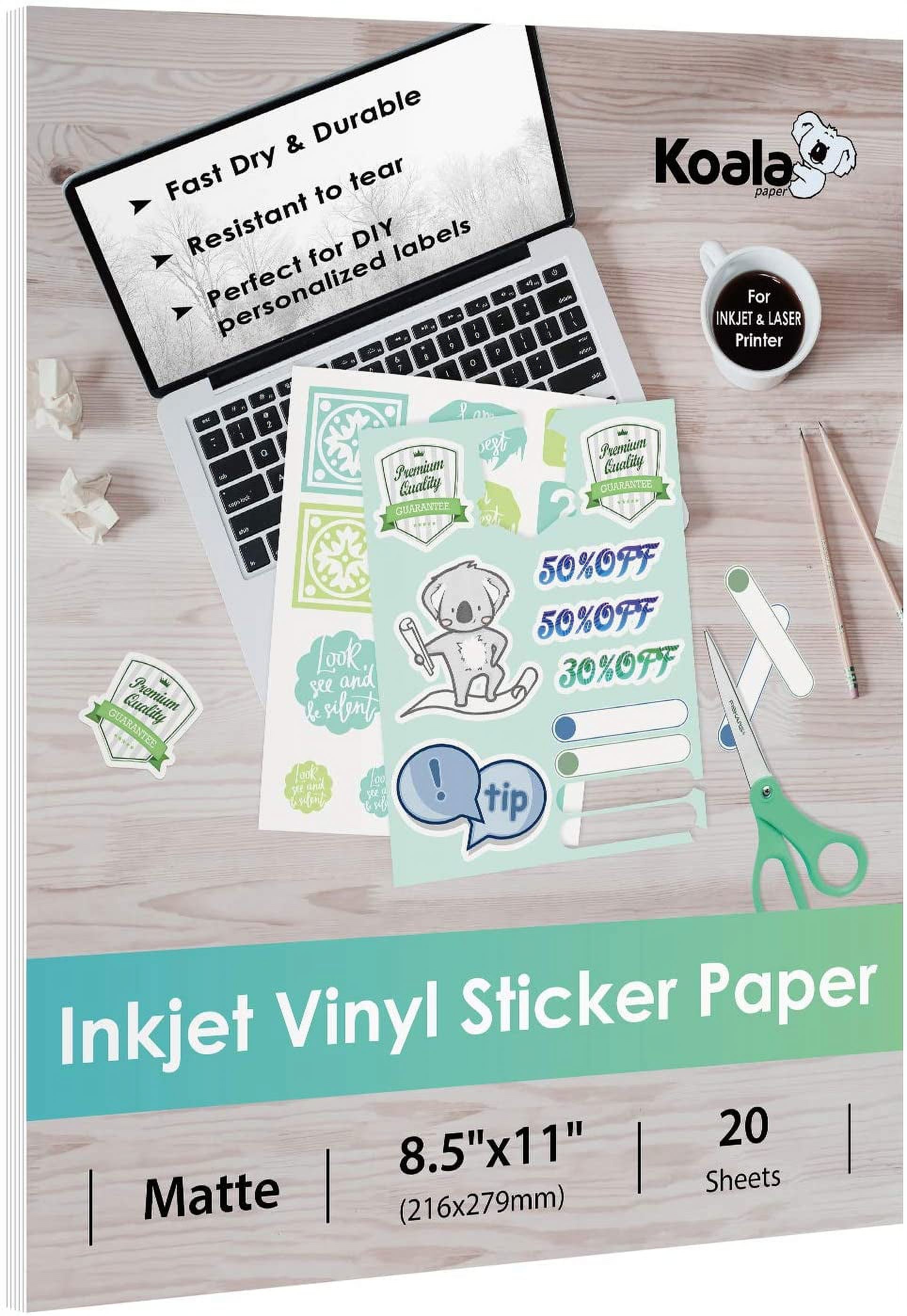 Koala Printable Vinyl Sticker Paper 8.5x11 Inches Waterproof Matte White  Full Sheet Label for Inkjet Printer 20 Sheets, Repositionable Sticker Sheets  
